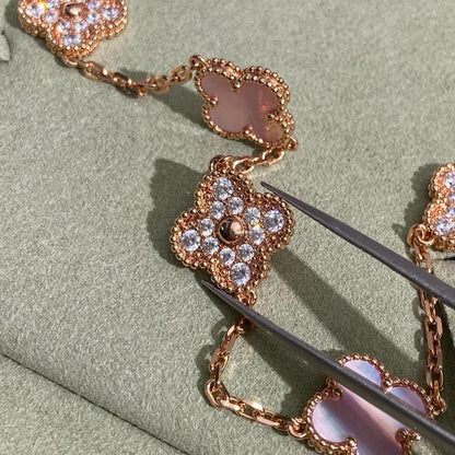 [Rosla]CLOVER 10 MOTIFS DIAMOND PINK MOP NECKLACE