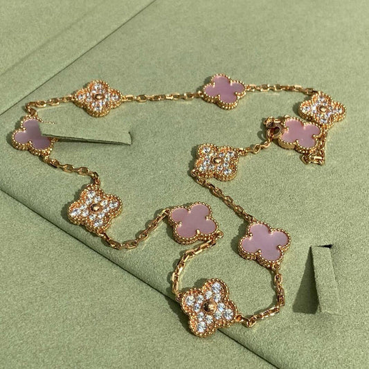 [Rosla]CLOVER 10 MOTIFS DIAMOND PINK MOP NECKLACE