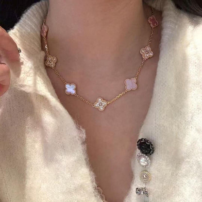 [Rosla]CLOVER 10 MOTIFS DIAMOND PINK MOP NECKLACE