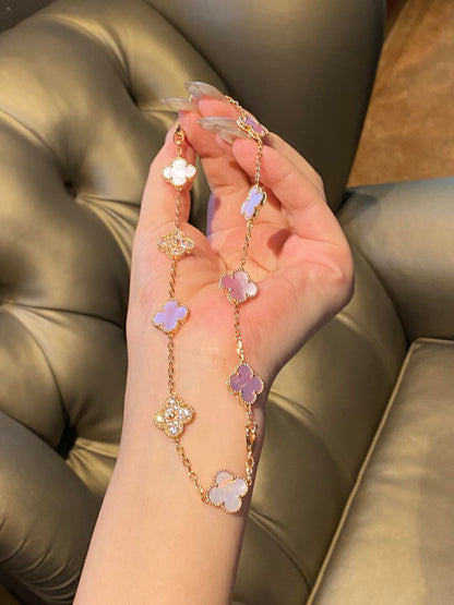 [Rosla]CLOVER 10 MOTIFS DIAMOND PINK MOP NECKLACE