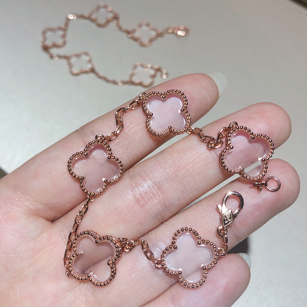 [Rosla]CLOVER 5 MOTIF ROCK CRYSTAL PINK GOLD BRACELET
