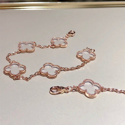 [Rosla]CLOVER 5 MOTIF ROCK CRYSTAL PINK GOLD BRACELET