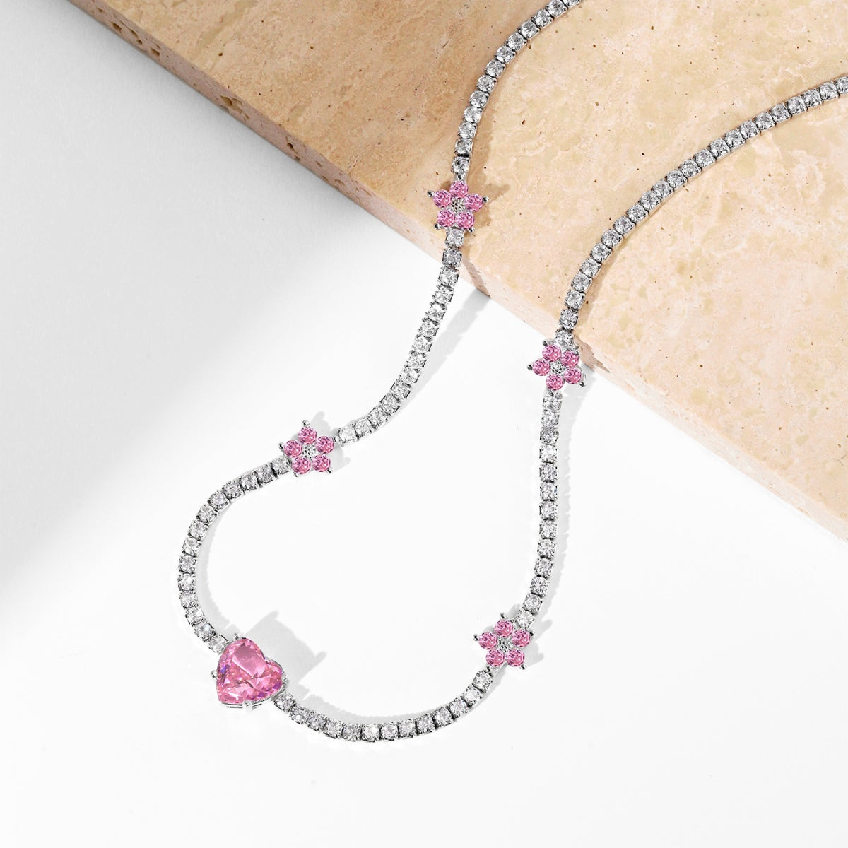 [Rosla]Dazzling Pink Heart Flower Necklace