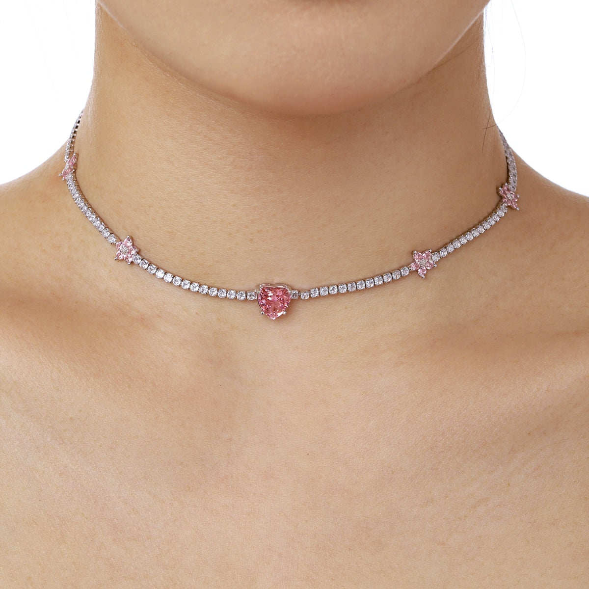 [Rosla]Dazzling Pink Heart Flower Necklace