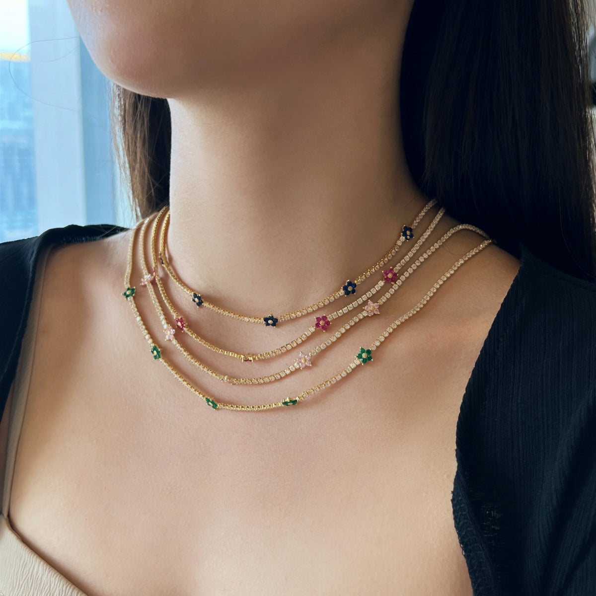 [Rosla]Luxurious Colorful Flower Tennis Necklace
