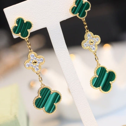 [Rosla]CLOVER EARRINGS GOLD MALACHITE DIAMOND 3 MOTIF