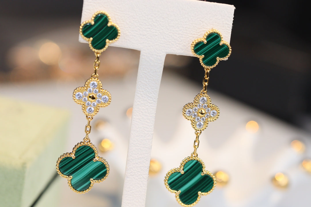 [Rosla]CLOVER EARRINGS GOLD MALACHITE DIAMOND 3 MOTIF