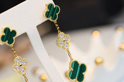 [Rosla]CLOVER EARRINGS GOLD MALACHITE DIAMOND 3 MOTIF