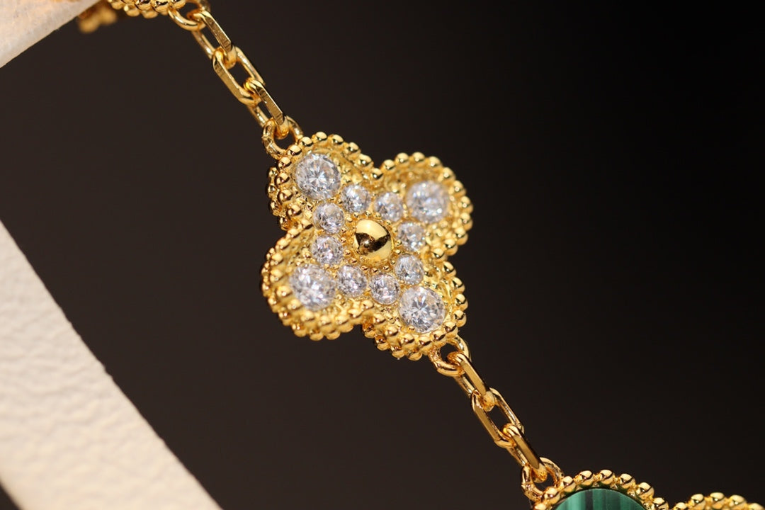 [Rosla]CLOVER EARRINGS GOLD MALACHITE DIAMOND 3 MOTIF