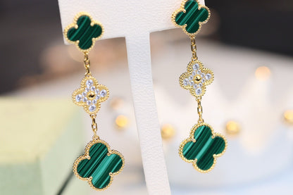 [Rosla]CLOVER EARRINGS GOLD MALACHITE DIAMOND 3 MOTIF