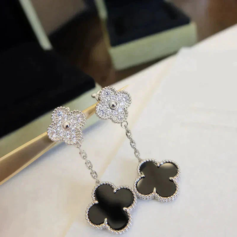 [Rosla]CLOVER 2 MOTIFS  DIAMOND ONYX EARRINGS SILVER