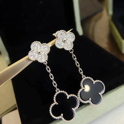 [Rosla]CLOVER 2 MOTIFS  DIAMOND ONYX EARRINGS SILVER