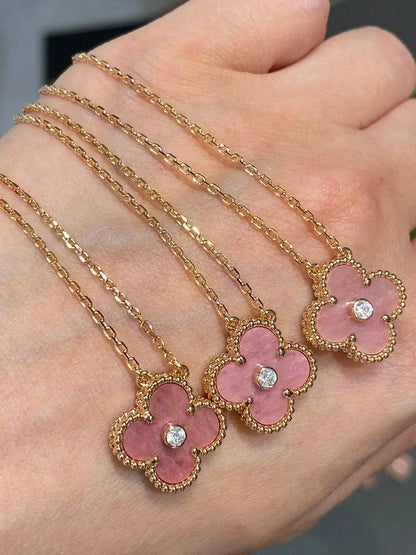 [Rosla]CLOVER 15MM DIAMOND RHODONITE NECKLACE