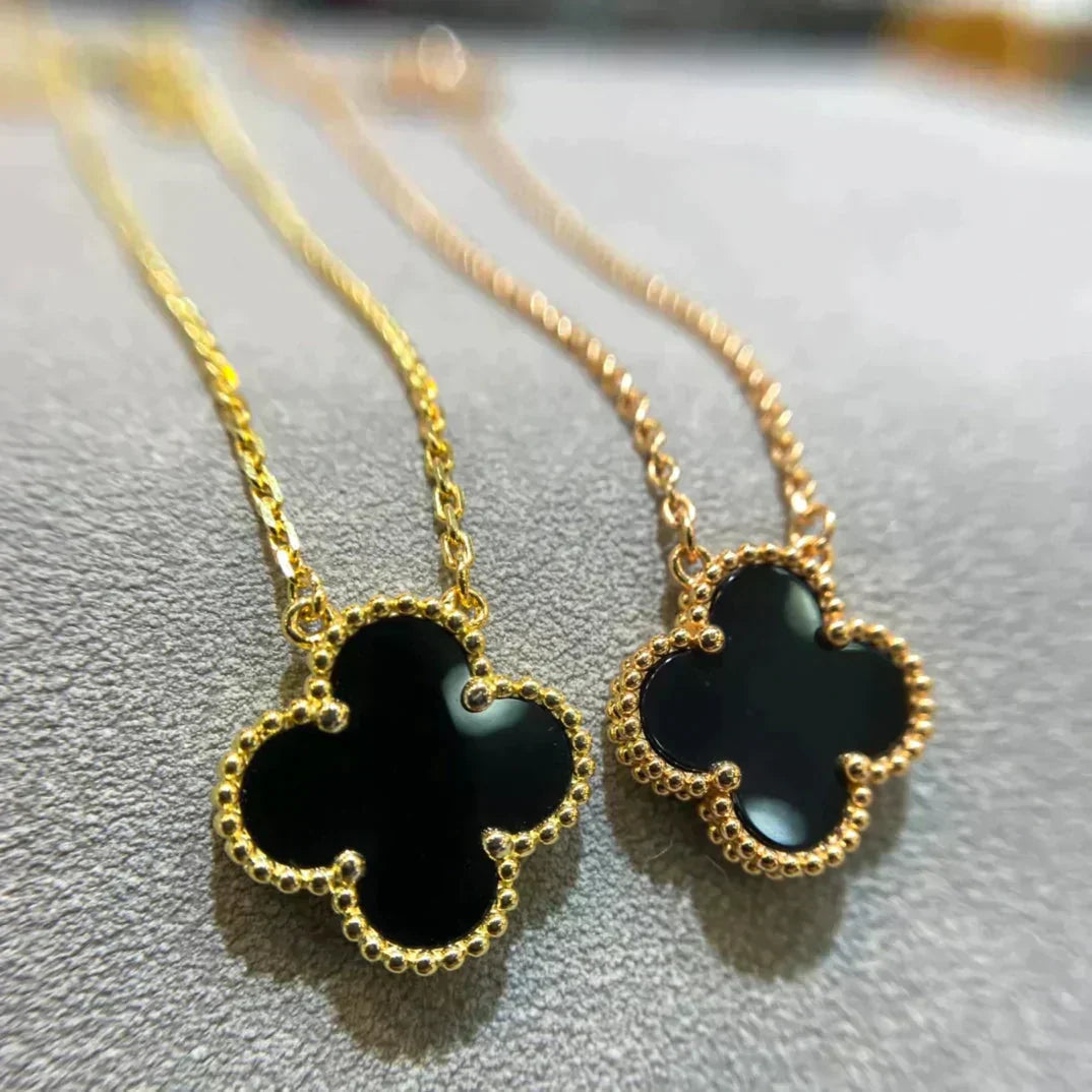 [Rosla]CLOVER 15MM BLACK ONYX SINGLE FLOWER NECKLACE