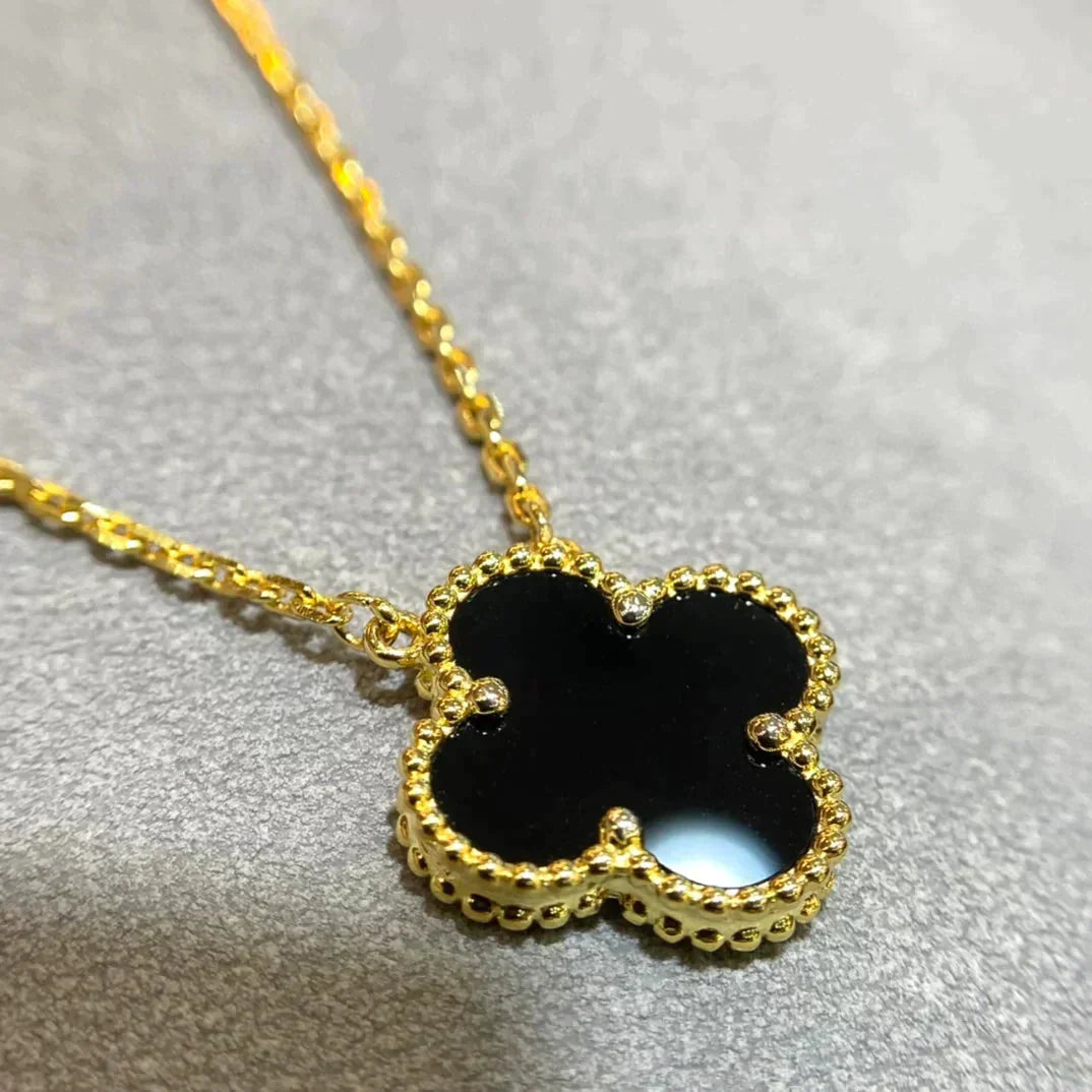 [Rosla]CLOVER 15MM BLACK ONYX SINGLE FLOWER NECKLACE