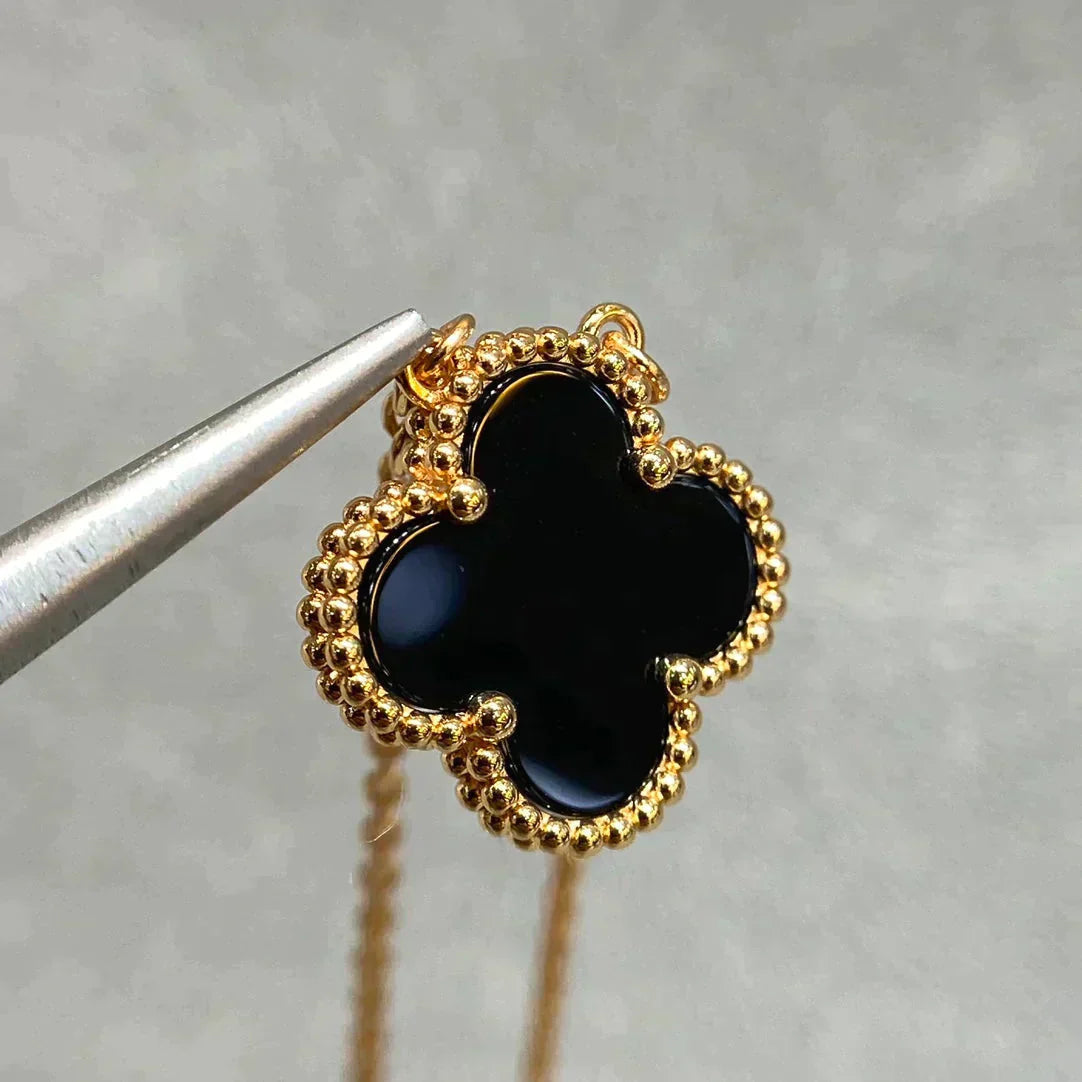 [Rosla]CLOVER 15MM BLACK ONYX SINGLE FLOWER NECKLACE