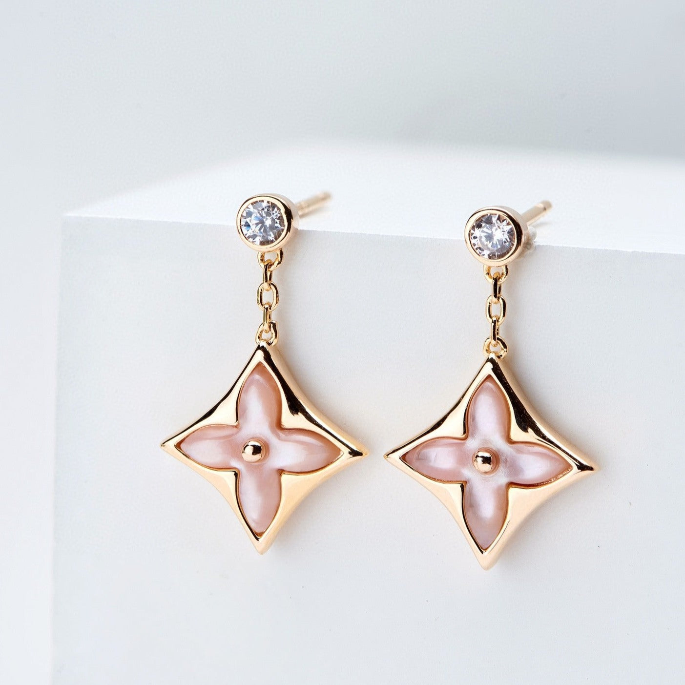 [Rosla]DOUBLE STAR PINK GOLD MOP DROP EARRINGS