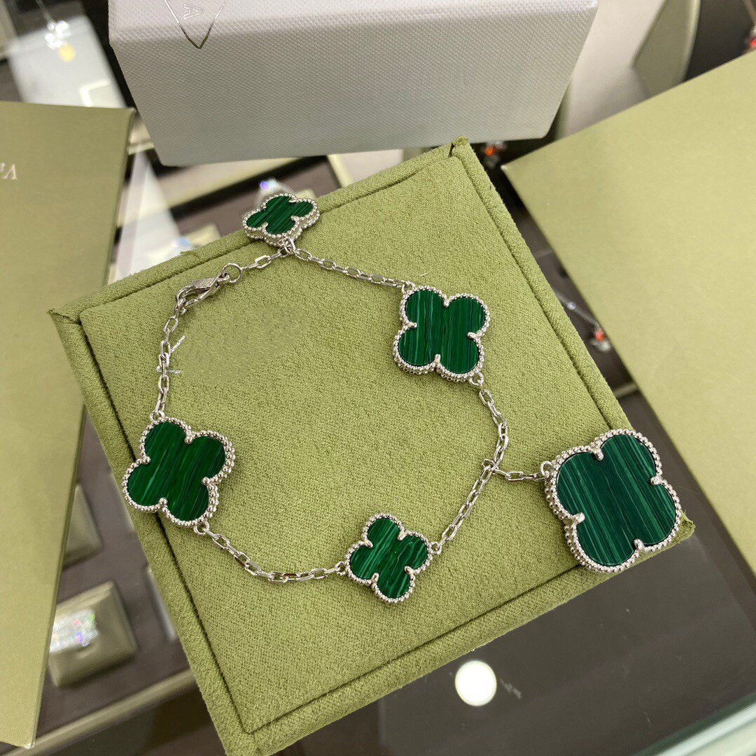[Rosla]CLOVER 5 MOTIFS SIVLER MALACHITE BRACELET