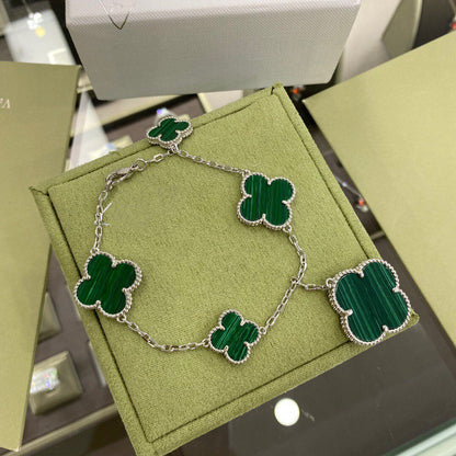 [Rosla]CLOVER 5 MOTIFS SIVLER MALACHITE BRACELET