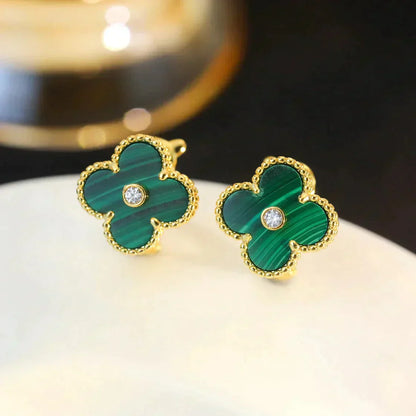 [Rosla]CLOVER MEDIUM 1 MOTIFS MALACHITE DIAMOND EARRINGS