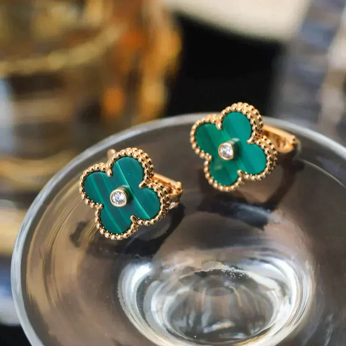 [Rosla]CLOVER MEDIUM 1 MOTIFS MALACHITE DIAMOND EARRINGS