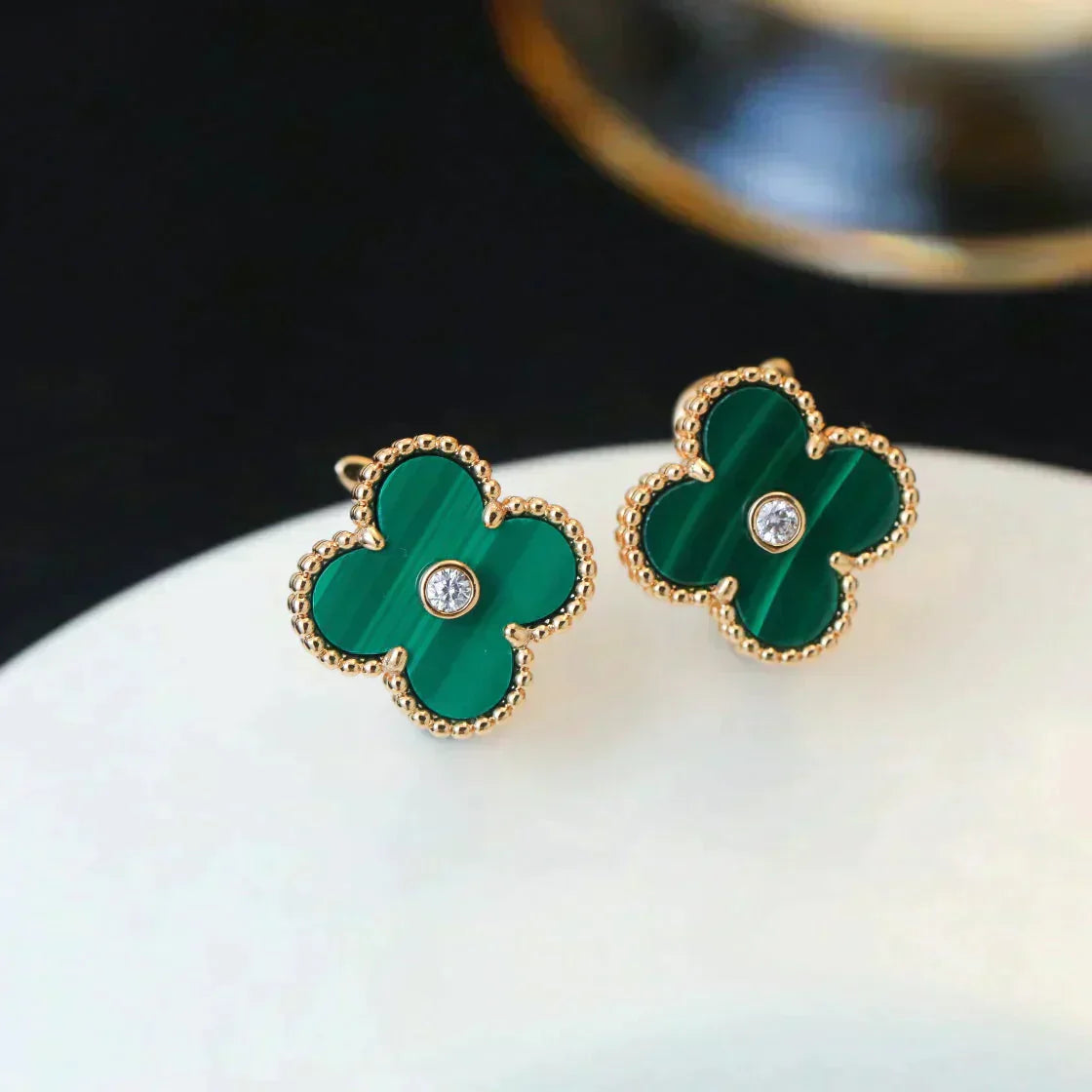 [Rosla]CLOVER MEDIUM 1 MOTIFS MALACHITE DIAMOND EARRINGS