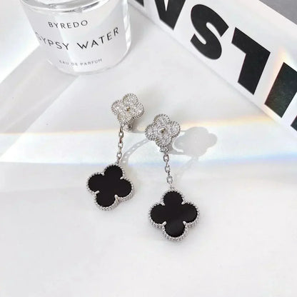 [Rosla]CLOVER 2 MOTIFS  DIAMOND ONYX EARRINGS SILVER