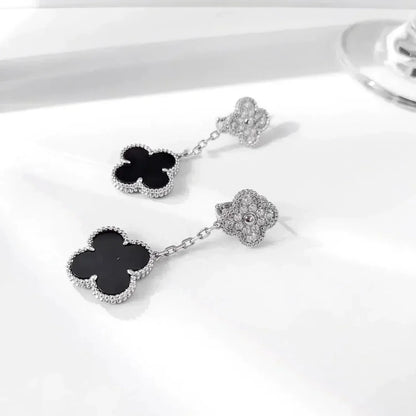 [Rosla]CLOVER 2 MOTIFS  DIAMOND ONYX EARRINGS SILVER