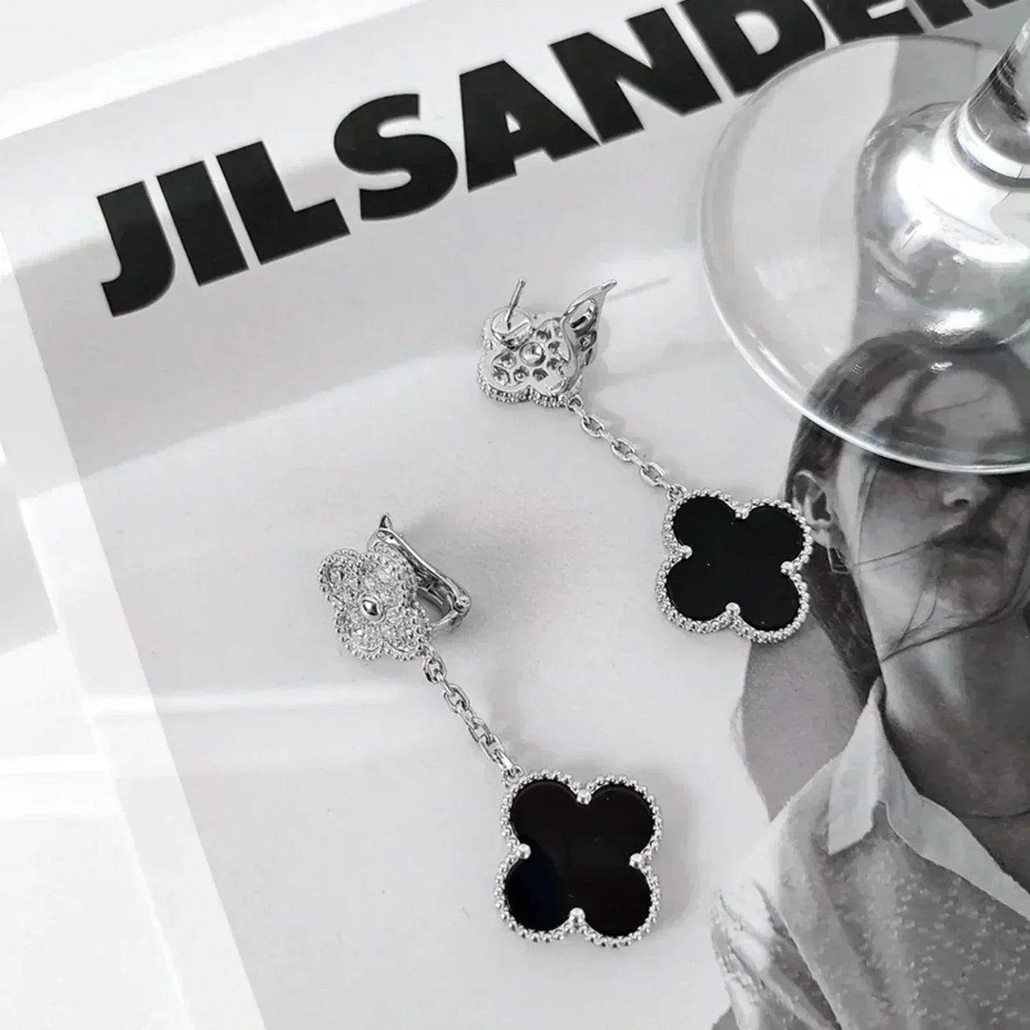 [Rosla]CLOVER 2 MOTIFS  DIAMOND ONYX EARRINGS SILVER