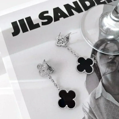 [Rosla]CLOVER 2 MOTIFS  DIAMOND ONYX EARRINGS SILVER