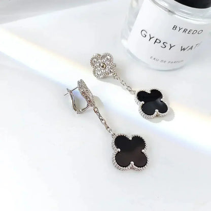[Rosla]CLOVER 2 MOTIFS  DIAMOND ONYX EARRINGS SILVER