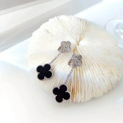 [Rosla]CLOVER 2 MOTIFS  DIAMOND ONYX EARRINGS SILVER