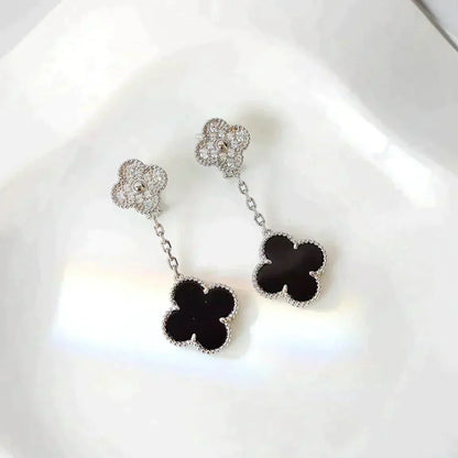 [Rosla]CLOVER 2 MOTIFS  DIAMOND ONYX EARRINGS SILVER