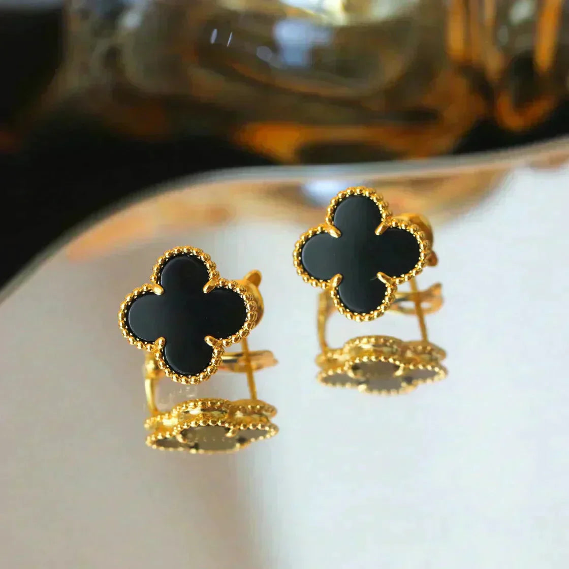 [Rosla]CLOVER MEDIUM 1 MOTIFS  ONYX STUD EARRINGS