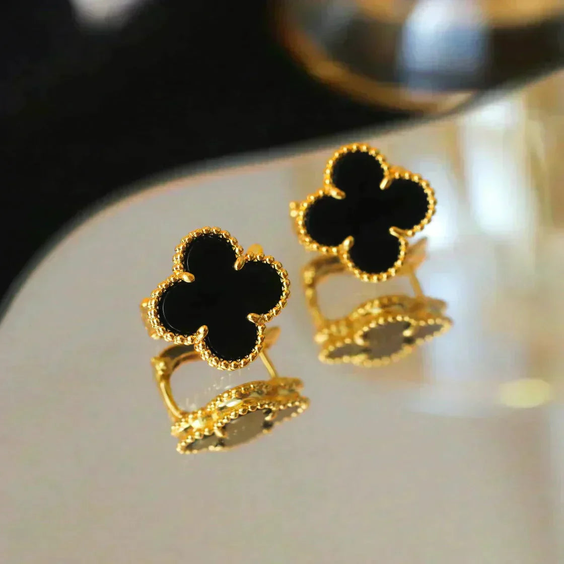 [Rosla]CLOVER MEDIUM 1 MOTIFS  ONYX STUD EARRINGS