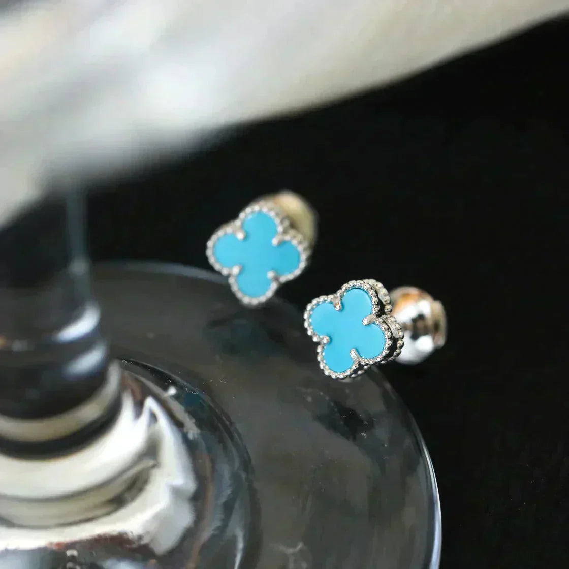 [Rosla]CLOVER MINI 9.5MM ONYX STUD EARRINGS SILVER