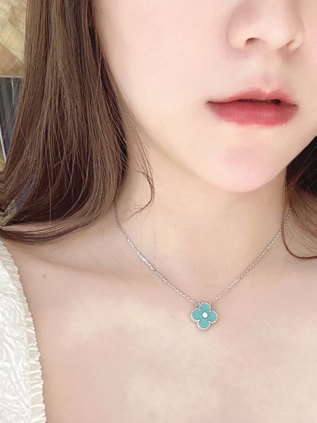 [Rosla]CLOVER 1 DIAMOND LIGHT BLUE SILVER NECKLACE