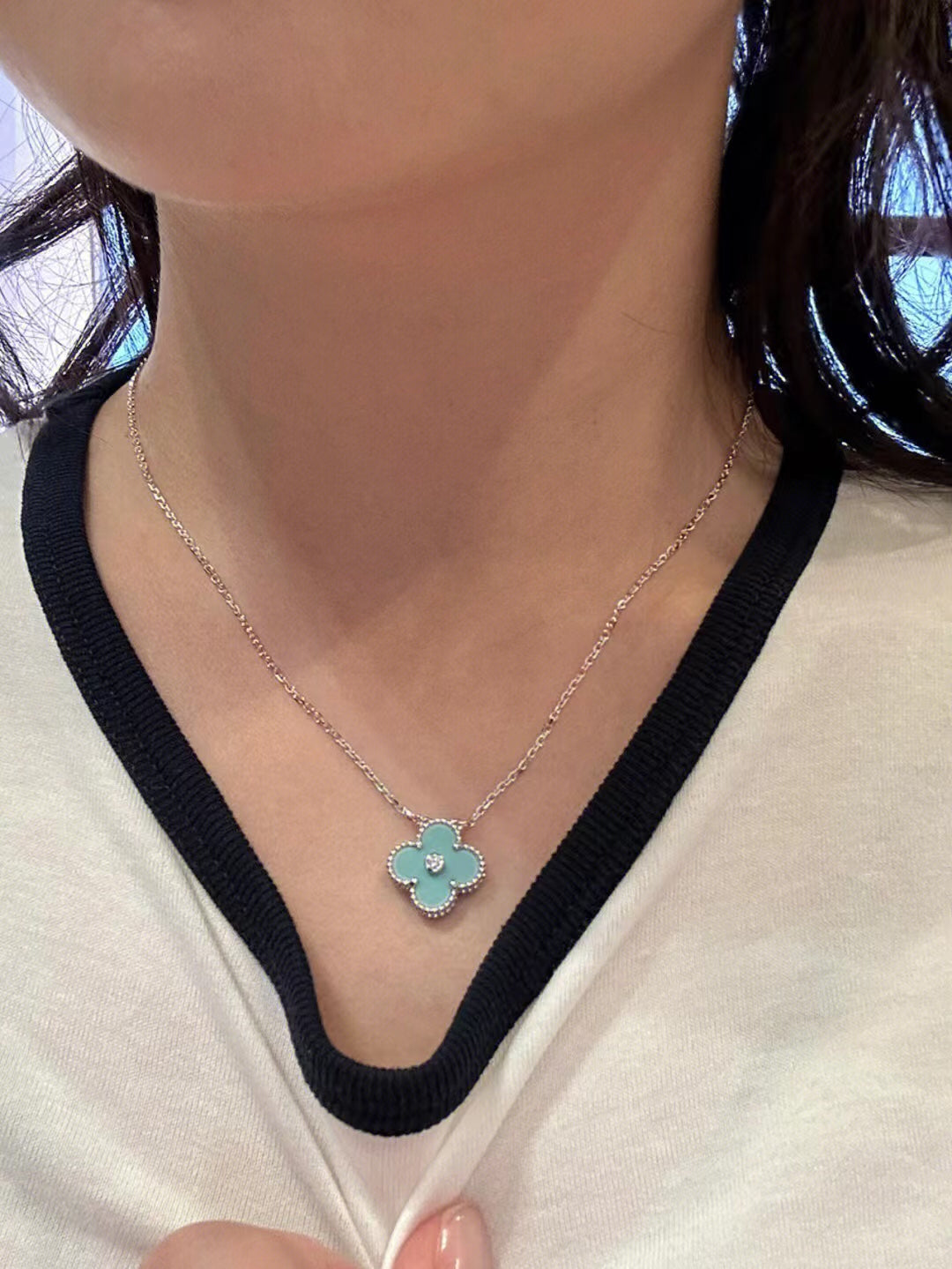 [Rosla]CLOVER 1 DIAMOND LIGHT BLUE SILVER NECKLACE
