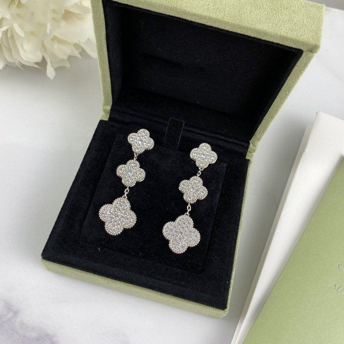 [Rosla]CLOVER 3 MOTIF DIAMOND SILVER DROP EARRINGS