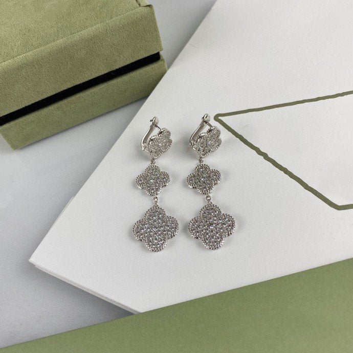 [Rosla]CLOVER 3 MOTIF DIAMOND SILVER DROP EARRINGS