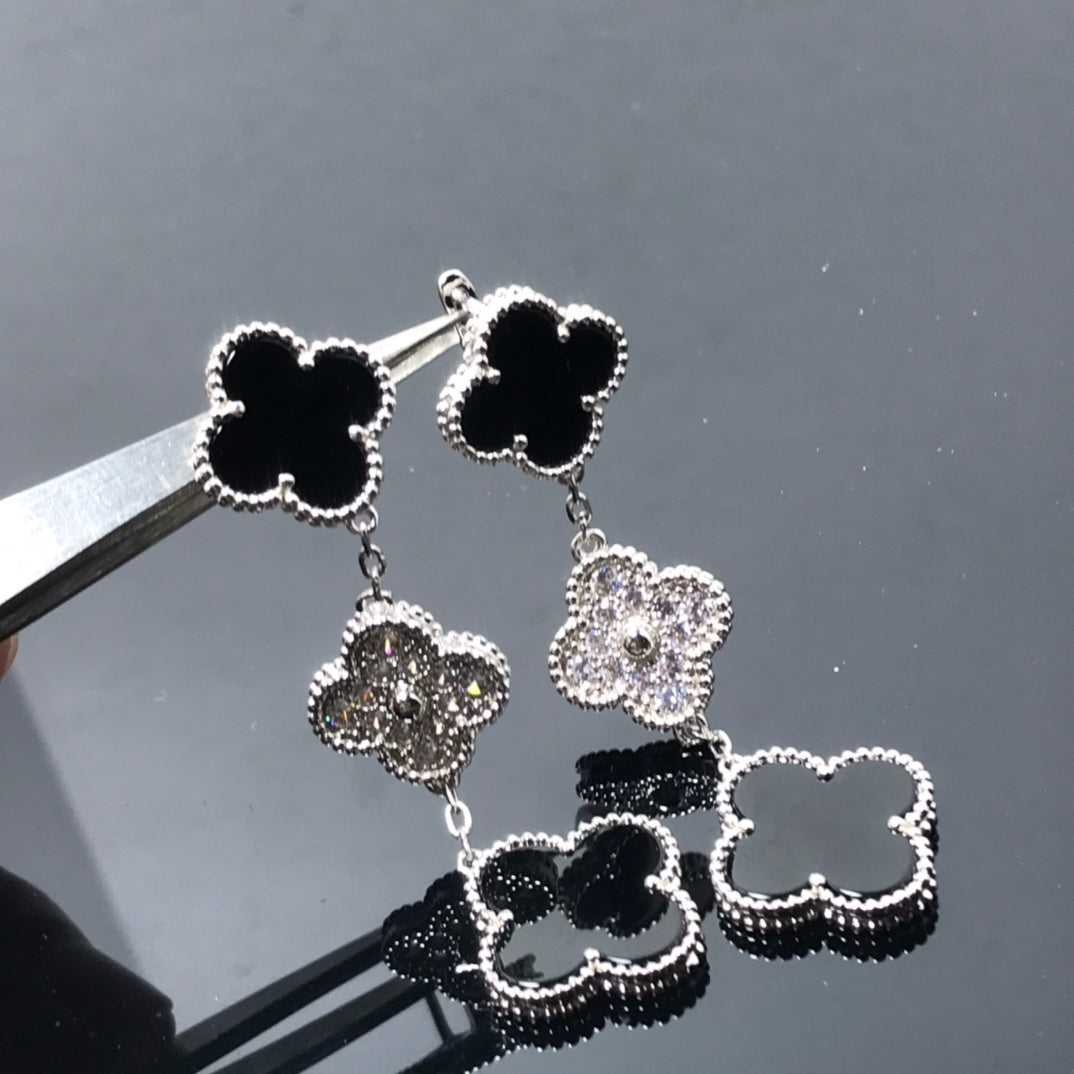 [Rosla]CLOVER 3 MOTIF DIAMOND ONYX SILVER EARRINGS