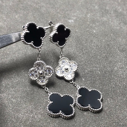 [Rosla]CLOVER 3 MOTIF DIAMOND ONYX SILVER EARRINGS