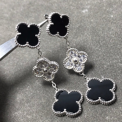 [Rosla]CLOVER 3 MOTIF DIAMOND ONYX SILVER EARRINGS