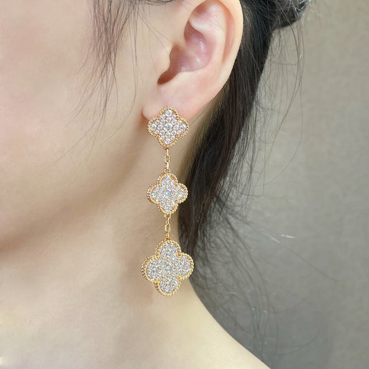 [Rosla]CLOVER 3 MOTIFS DIAMOND PAVED ROSE GOLD EARRINGS
