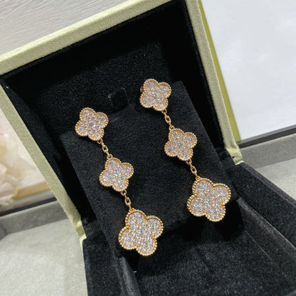 [Rosla]CLOVER 3 MOTIFS DIAMOND PAVED ROSE GOLD EARRINGS