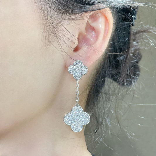 [Rosla]CLOVER 2 MOTIFS DIAMOND PAVED SILVER EARRINGS