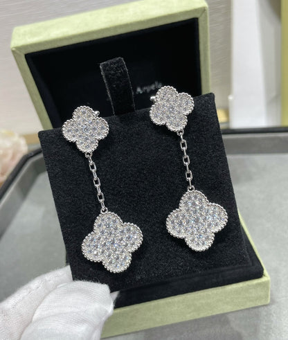 [Rosla]CLOVER 2 MOTIFS DIAMOND PAVED SILVER EARRINGS
