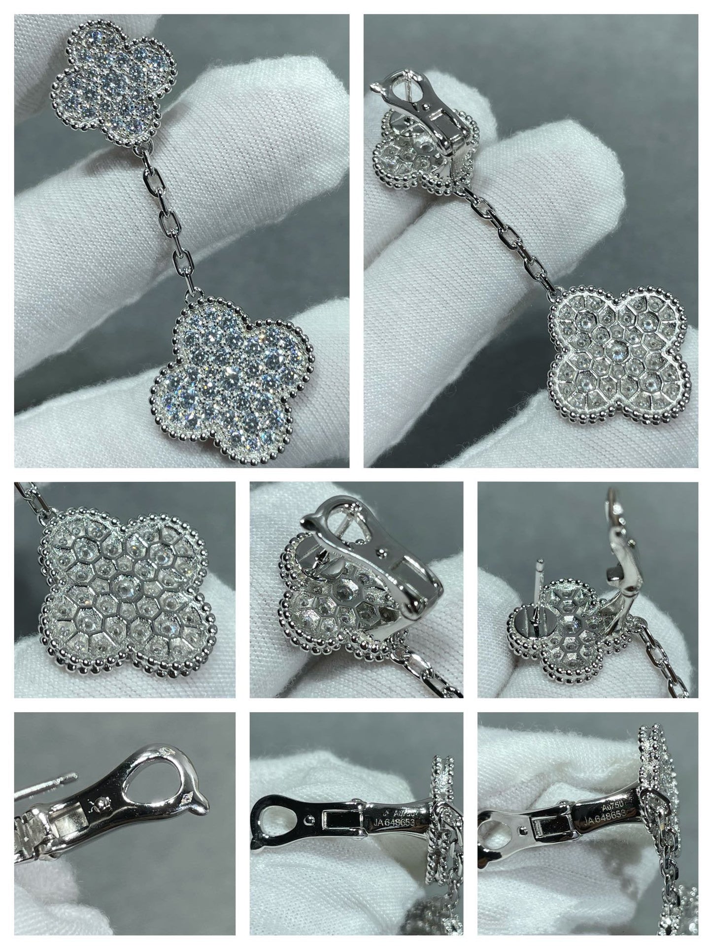 [Rosla]CLOVER 2 MOTIFS DIAMOND PAVED SILVER EARRINGS