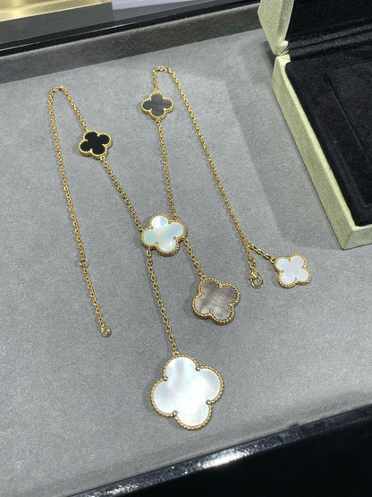 [Rosla]CLOVER 6 MOTIF MOP ONYX GOLD NECKLACE