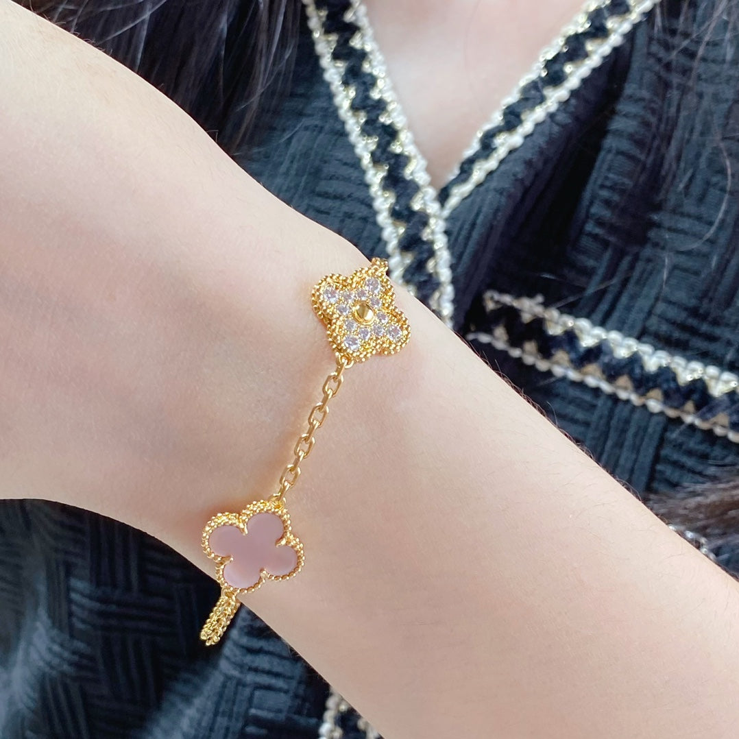 [Rosla]CLOVER 5 MOTIF DIAMOND PINK MOP PINK GOLD BRACELET